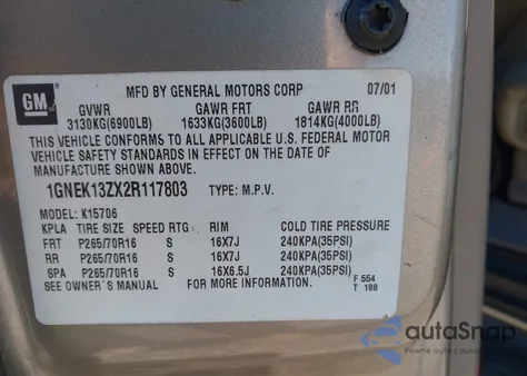 2002 Chevrolet Tahoe Lt из США, поврежденный, VIN 1GNEK13ZX2R117803